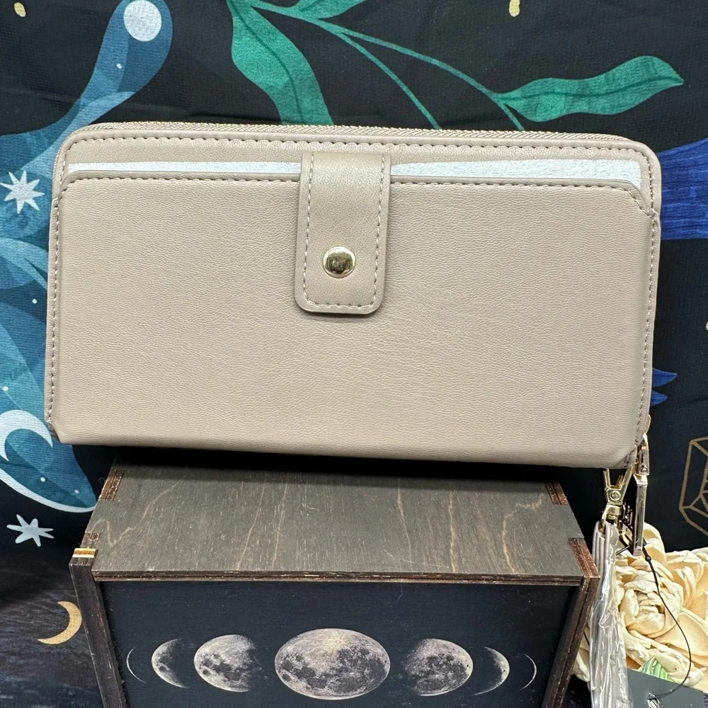 BADGLEY MISCHKA | Zip Around Embroidered Wallet Taupe NWT